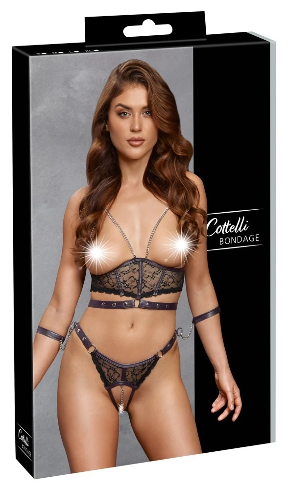 Cottelli BONDAGE Top Set Bondage, Busenfreies Top und Slip ouvert im Set, Reizwäsche mit 2 Soft-Handfesseln
