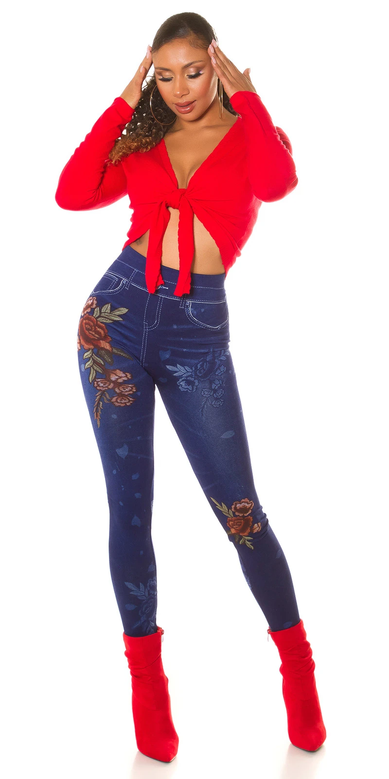 Flower Printed High Waist Jeans Look Leggings Flower Printed High Waist Jeans Look Leggings