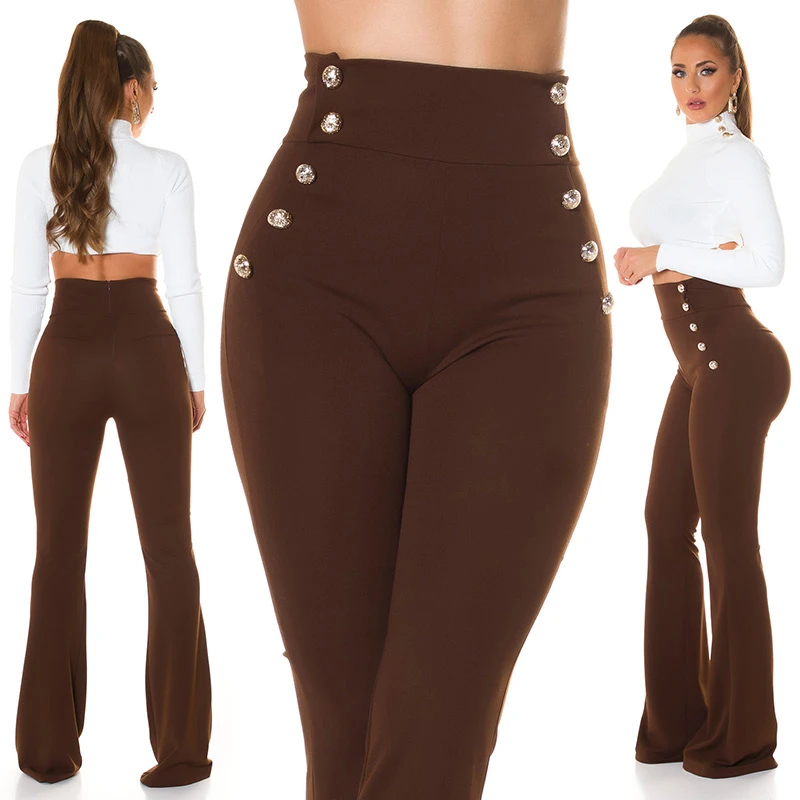 Stoff Business High Waist Schlag Hose mit Deko Knöpfe Stoff Business High Waist Schlag Hose mit Deko Knöpfe