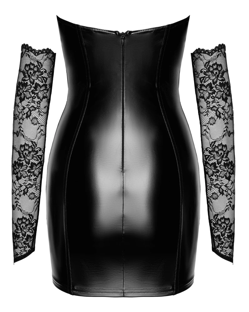 Noir Tube-Minikleid F340 aus Powerwetlook mit zarter Spitze & passenden Spitzen-Armstulpen, Elastisch & Trägerlos