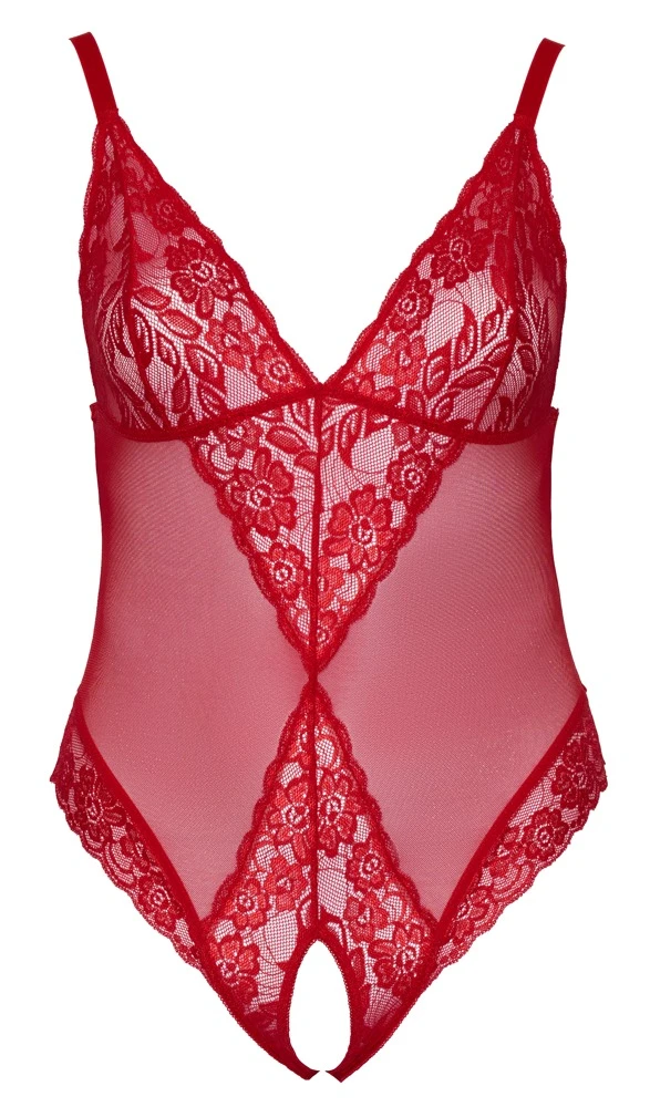 Cottelli Powernet-Bodysuit mit Spitzen-Einsätzen und Ouvert-Design in Rot