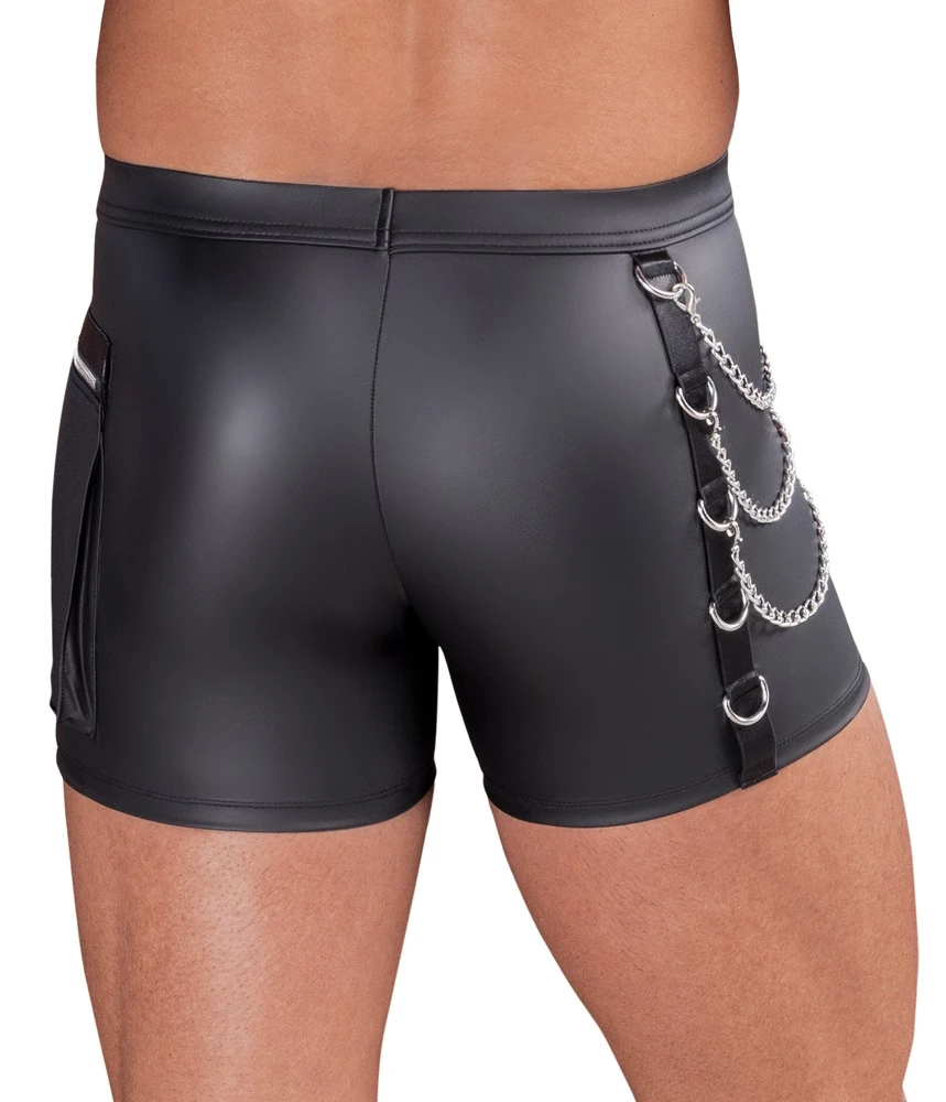 NEK Pants im schwarzen Mattlook mit Reißverschluss vorn, Ringen, Ketten und Cargotasche – eng, sexy und auffällig maskulin