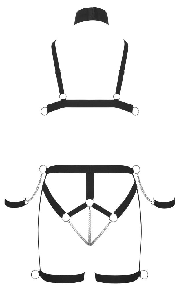 Bad Kitty Riemenbikini, Kunstvoll gefesselt und kompromisslos reizvoll: Schwarzes Webgummi-Set mit Brust- und Hüft-Harness, Ketten und freier Sinnlichkeit