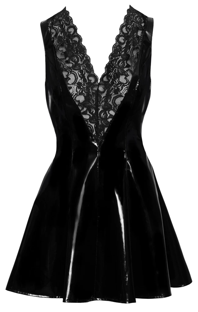 Kurzes, ärmelloses Kleid von Black Level komplett im schwarzen Lackglanz mit breitem v-förmigen Spitzen-Einsatz im tiefem Dekolleté