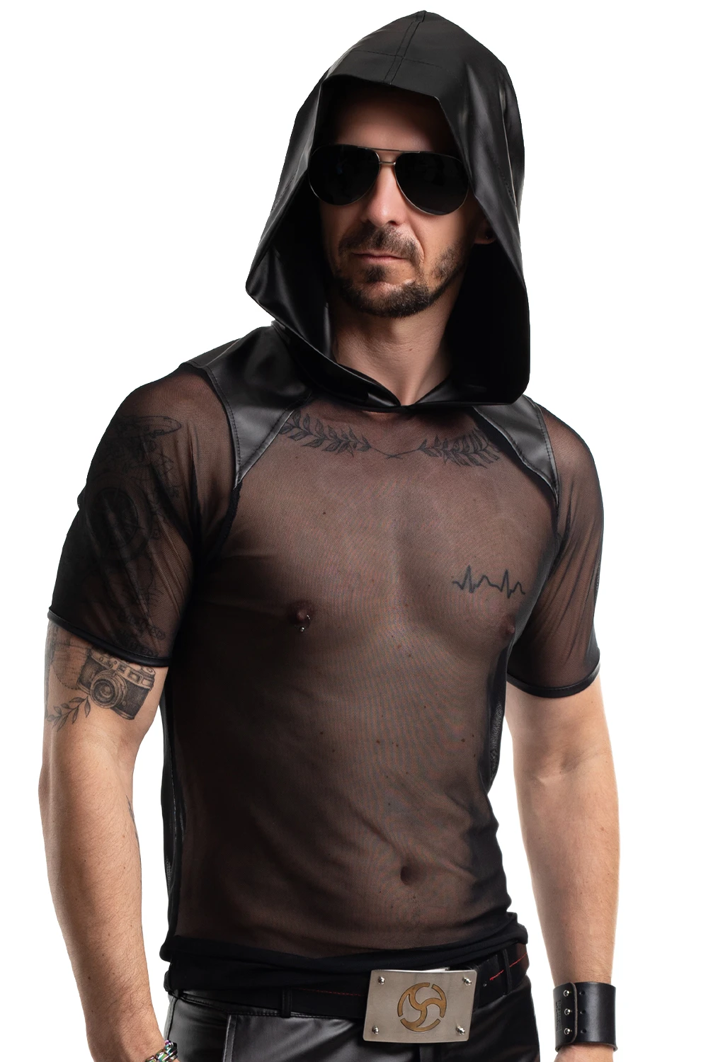 Herren Kapuzen-T-Shirt RMTito001 schwarz aus dehnbarem Mesh mit Wetlook-Kapuze Slim-Fit Netzshirt von Regnes Fetish Planet für markanten Style