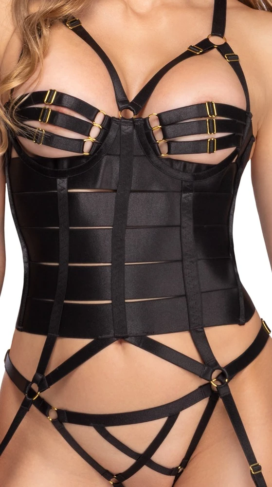 Sexy erotisches Strapscorsagen Set mit String ouvert von Cottelli LINGERIE in edler Satinoptik mit goldfarbenen Details, verstellbaren Riemen, Formstäben und Strapsen – verführerische Reizwäsche