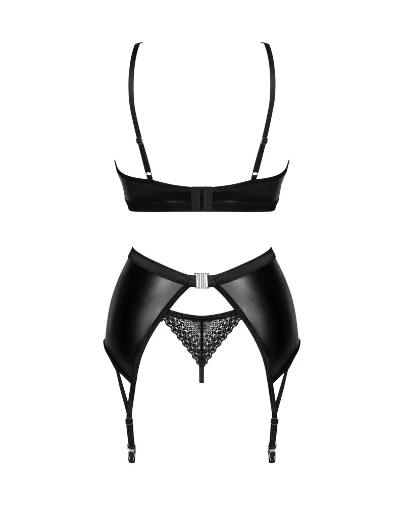 Obsessive 3-teiliges Set Norides mit Bügel-BH, Strapsgurt und String im Wetlook, der sich elastisch und weich anschmiegt.