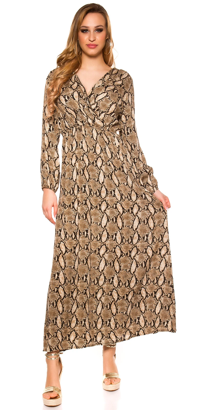 Maxi Kleid Schlangen Print Wickel V-Neck Langarm Maxi Kleid Schlangen Print Wickel V-Neck Langarm