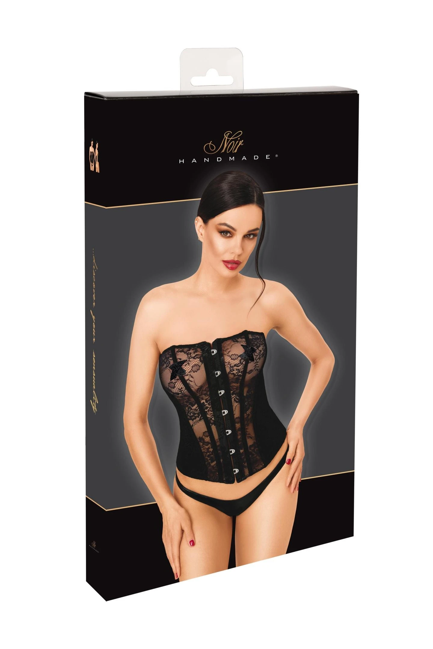 Korsett aus Spitze und Powerwetlook - Noir Handmade F406 One More Kiss - sexy in Schwarz, trägerlos mit Stäbchen und Frontverschluss