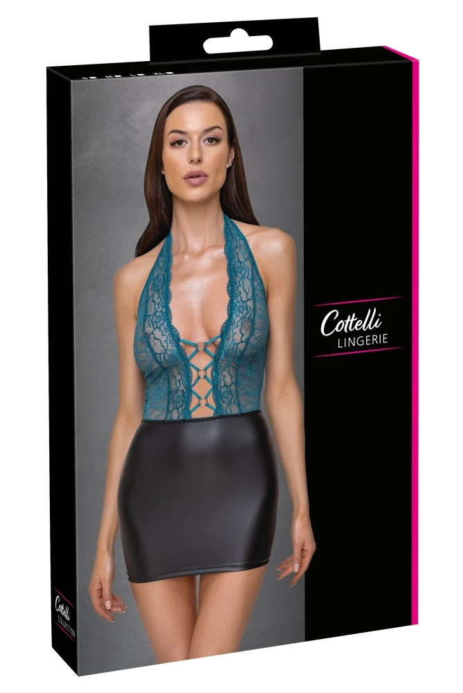 Cottelli LINGERIE Neckholder Kleid aus Spitze Mattlook Minirock schwarz/petrol Cottelli LINGERIE Neckholder Kleid aus Spitze Mattlook Minirock schwarz/petrol