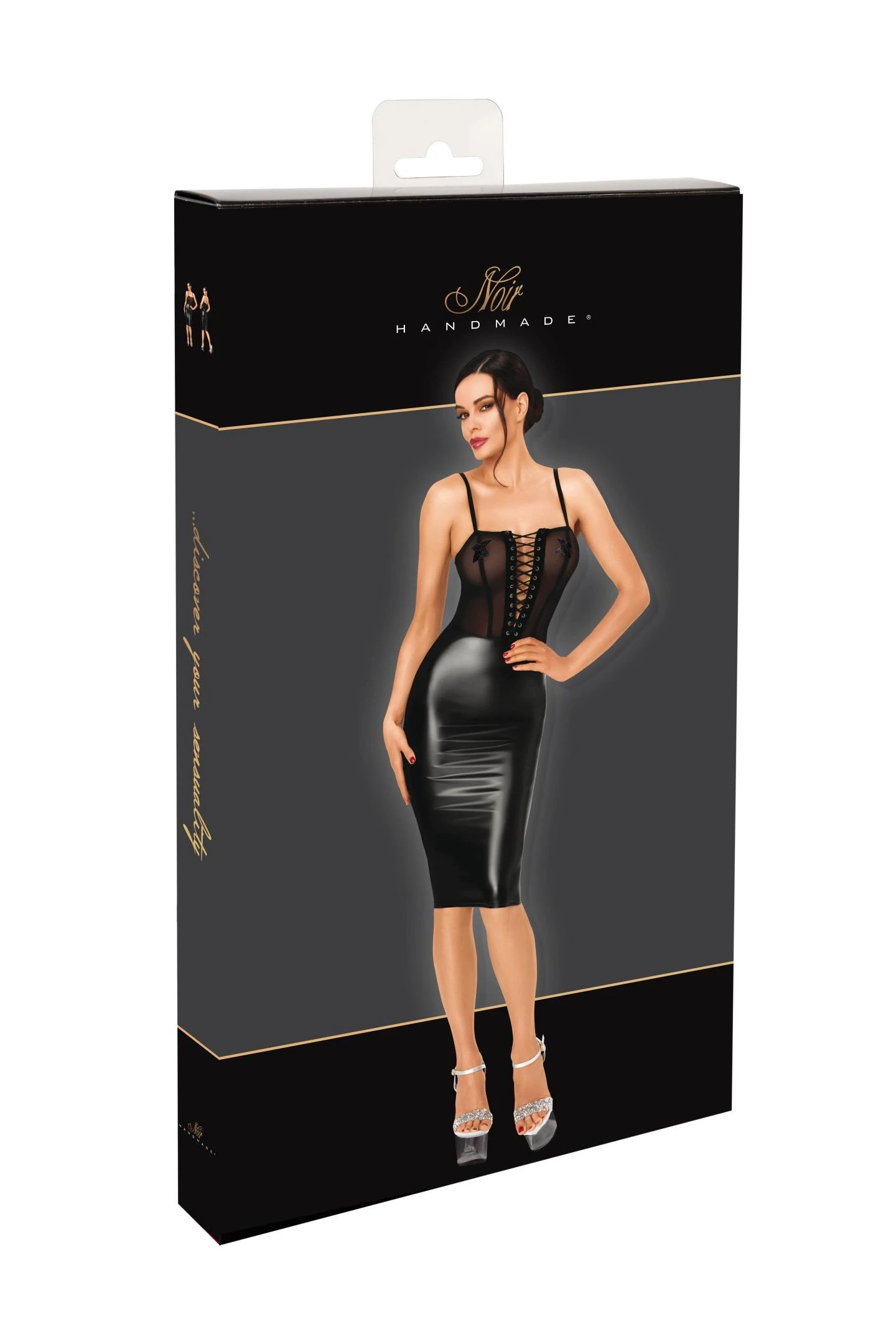 Midikleid Kinky aus Tüll und Powerwetlook - Noir Handmade F408 Do Not Disturb - sexy in Schwarz mit Schnürdetails und dünnen Trägern