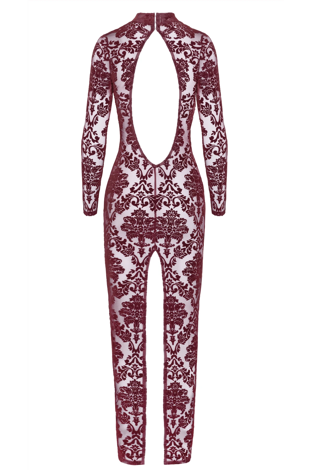 F383 Langes Flockkleid Kinky Royal aus weichem elastischem Tüll mit luxuriöser Flockstickerei, tiefem Rückenausschnitt, hohem Kragen mit Hakenverschluss und verführerischem Gehschlitz – von Noir Handmade