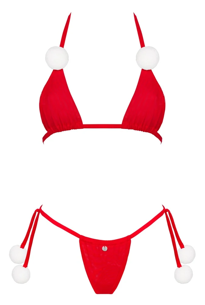 Rotes Dessous-Set mit BH und Riostring Bobble Girl von Obsessiv, Weiches Multistretch-Material, süße Bommel & verstellbare Bindeschleifen