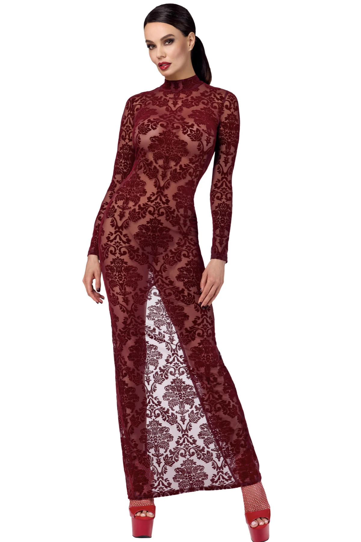 F383 Langes Flockkleid Kinky Royal aus weichem elastischem Tüll mit luxuriöser Flockstickerei, tiefem Rückenausschnitt, hohem Kragen mit Hakenverschluss und verführerischem Gehschlitz – von Noir Handmade