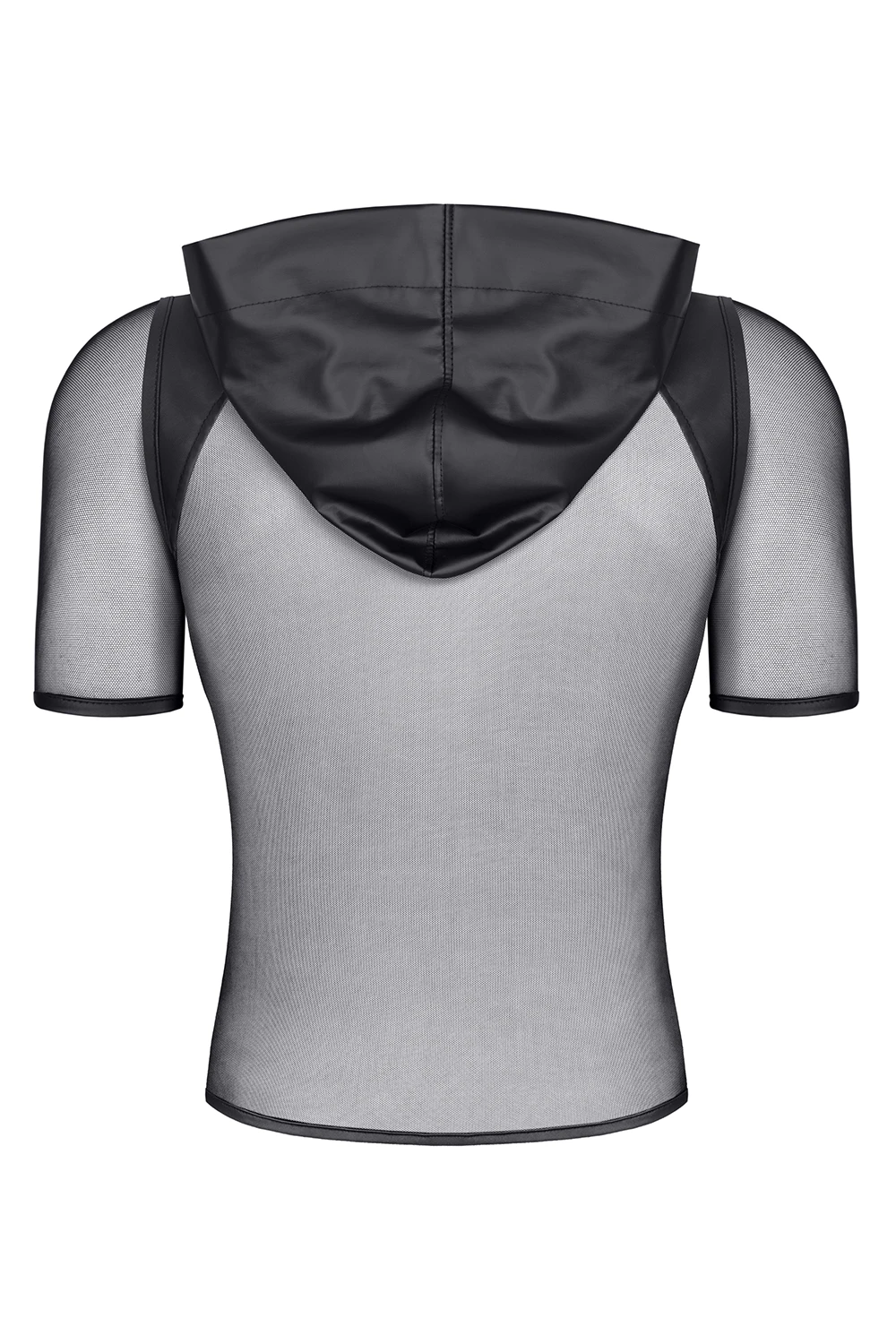 Herren Kapuzen T-Shirt RMIvo001 von Regnes Fetish Planet aus schwarzem Mesh mit matten Wet-Look-Einsätzen, dehnbarem Material und markanter Slim-Fit Passform für einen provokanten, maskulinen Style