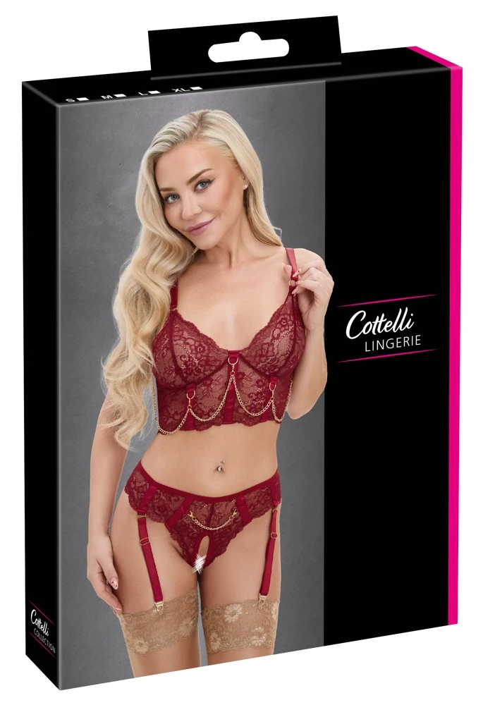 Longline-BH & Straps-Riostring ouvert Reizwäsche aus roter Spitze mit Satin, offen, Kettendetails, abnehmbare Strapse Cottelli LINGERIE