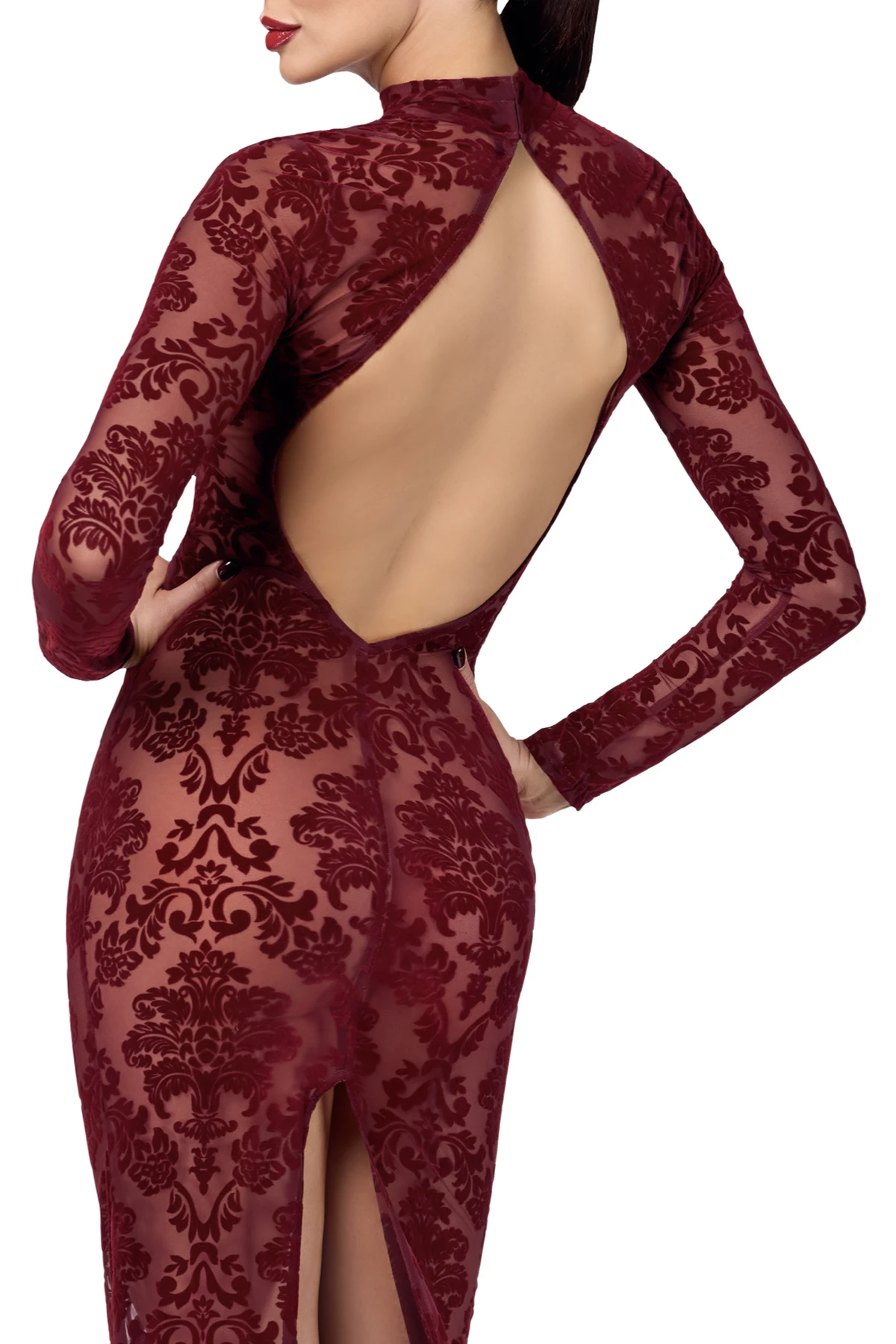 F383 Langes Flockkleid Kinky Royal aus weichem elastischem Tüll mit luxuriöser Flockstickerei, tiefem Rückenausschnitt, hohem Kragen mit Hakenverschluss und verführerischem Gehschlitz – von Noir Handmade