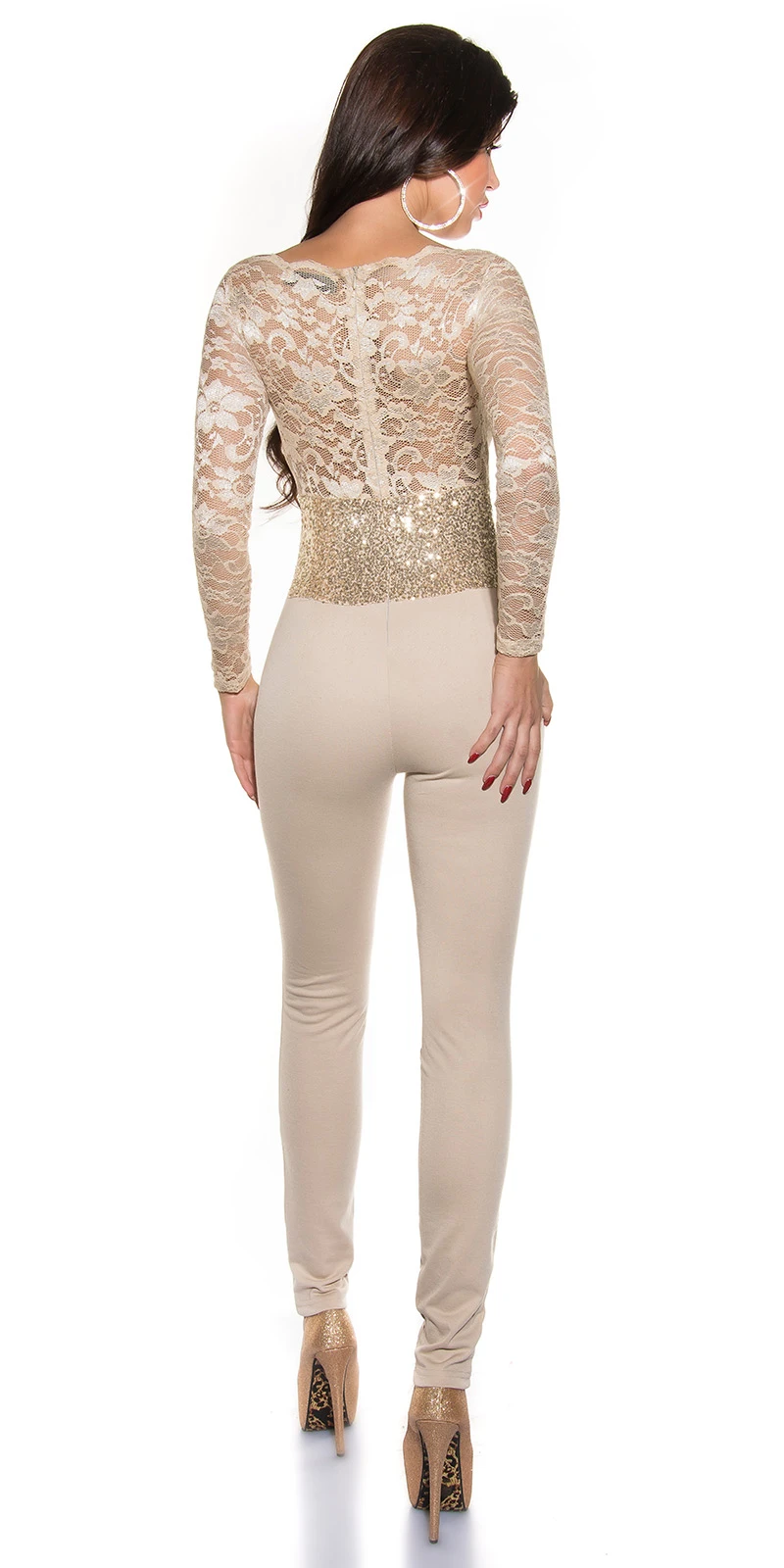 Röhren Overall mit langen Ärmeln mit Spitze und Paillettentaille Röhren Overall mit langen Ärmeln mit Spitze und Paillettentaille