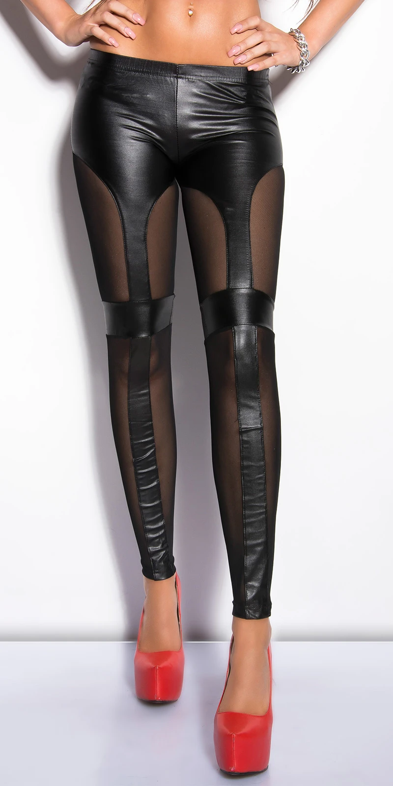 Sexy KouCla Leggings mit Mesh Gewebe und Kunstleder Streifen