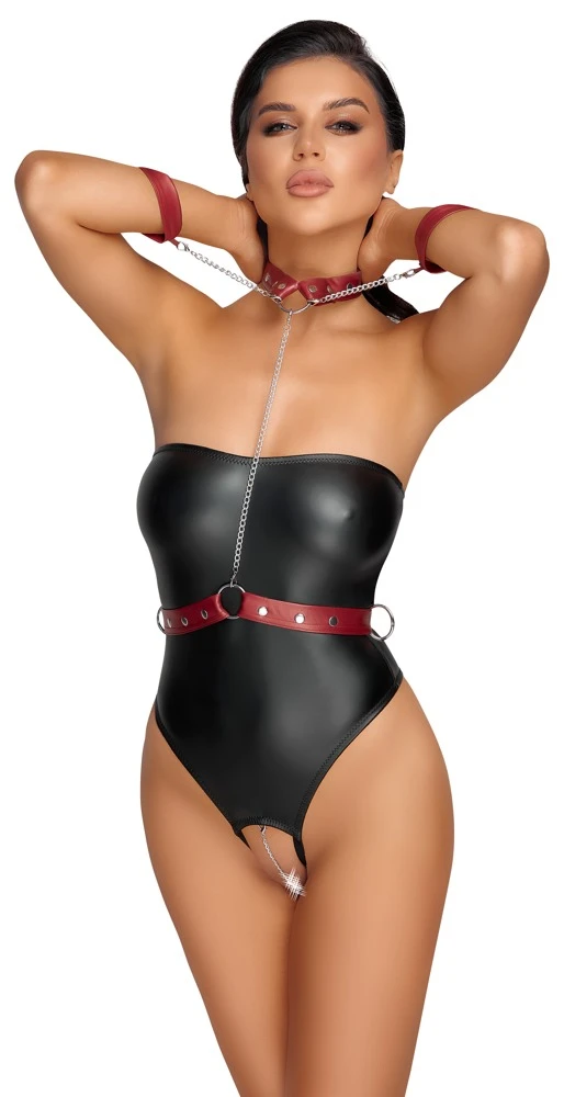 Cottelli Verführerischer Eleganz: Der Schulterfreie Stringbody mit Abnehmbarem Harness und Accessoires in Edlem Schwarz und Rot