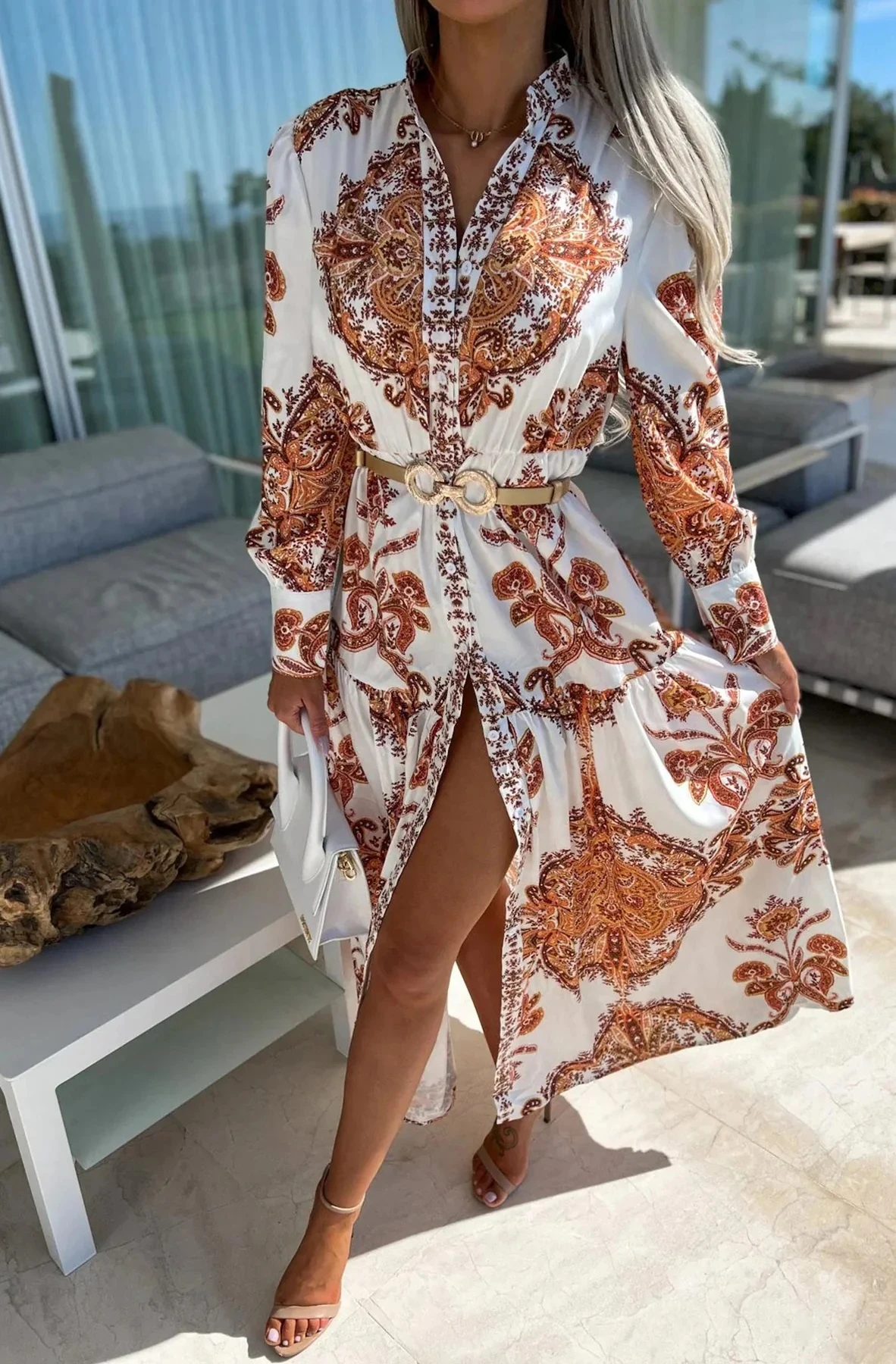 Printed Langarm Maxi Sommer Kleid  mit Knopfleiste