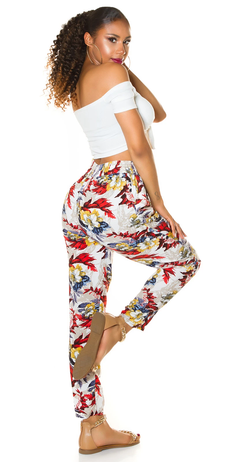 Cotton High Waist Sommer Hose mit Tropical Print