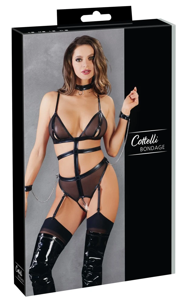 Cottelli Verführerisches Spielzeug: Der Straps-Body in Harness-Optik mit abnehmbaren Handfesseln und Wetlook-Details