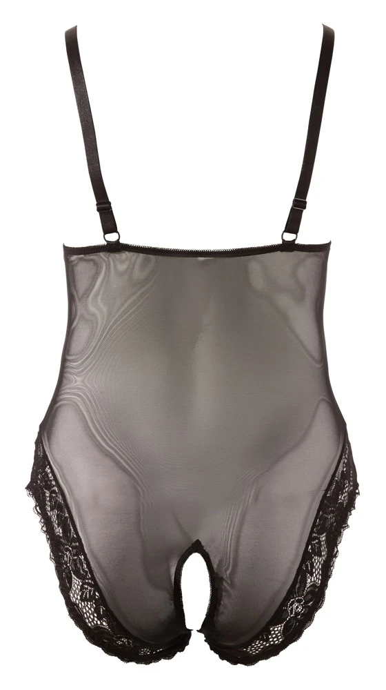 Cottelli Body Ouvert-Dessous aus semitransparentem Powernet und Blütenspitze in schwarz