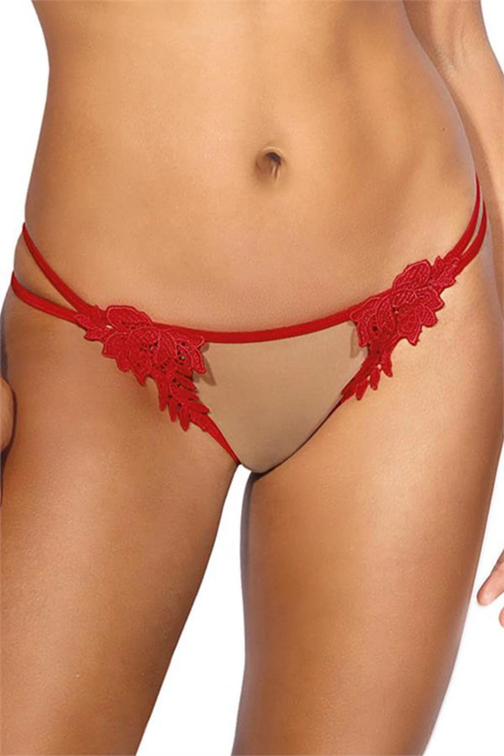 Axami zarter String aus beigen Stoff mit roter Stickerei verziert