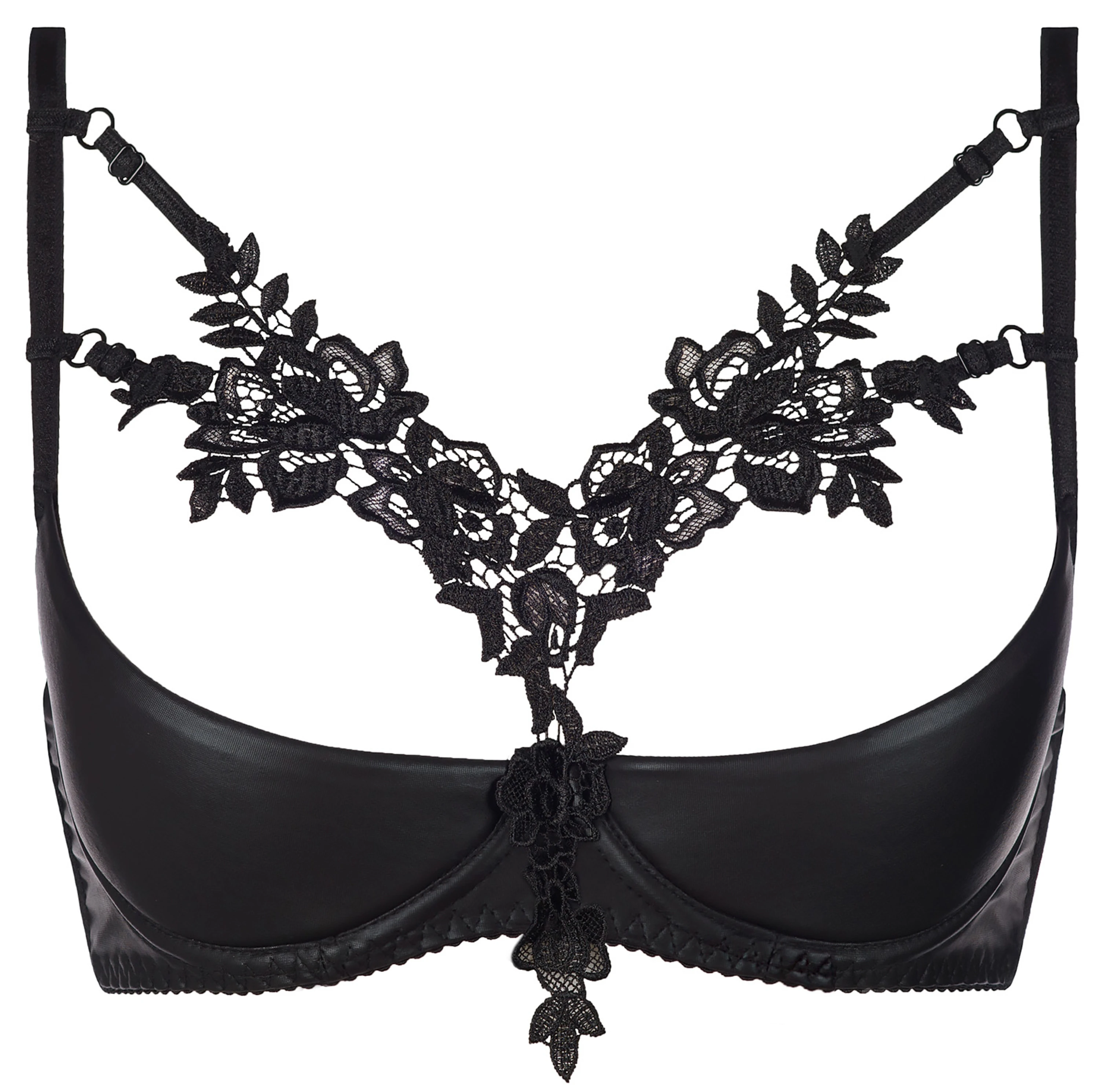 Axami V-12040 Offener BH schwarz Wetlook sexy Reizwäsche Dessous Stickerei Push-up Effekt verstellbar erotisch Blickfang Set kompatibel