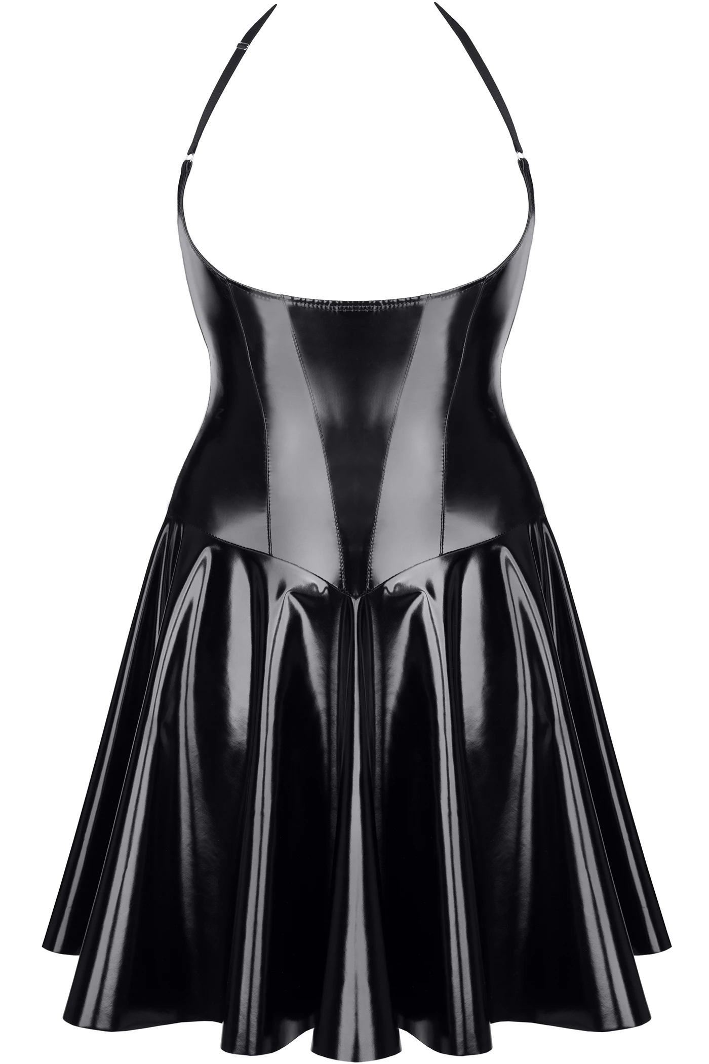 Elegantes kurzes Kinky Kleid aus glänzendem, dehnbarem Lack mit Rücken-Schnürung, verstellbarem Gummiband und verdecktem Reißverschluss TDJutta001 von Demoniq