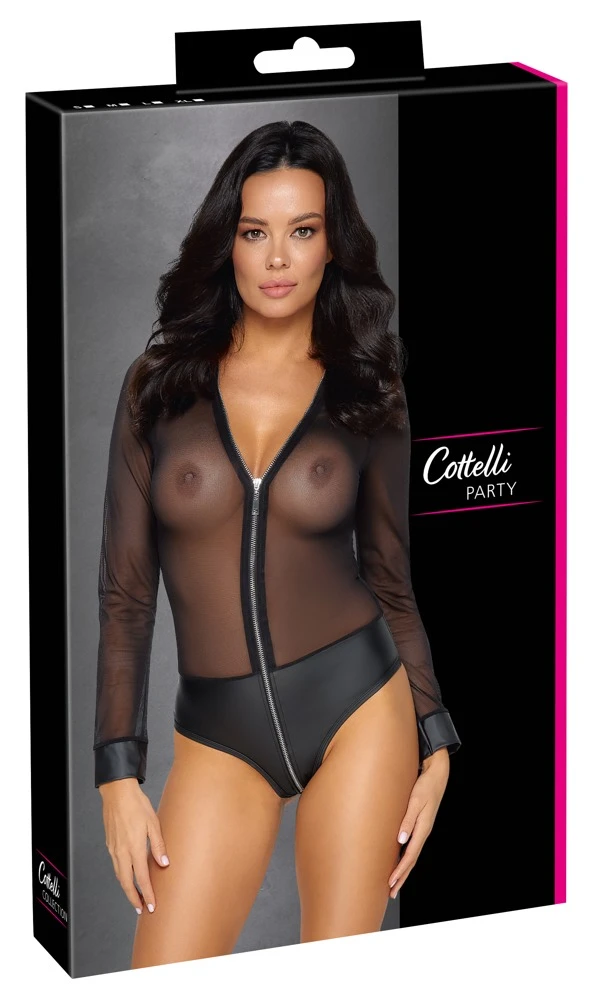 Cottelli PARTY Langarm-Body aus Powernet und Mattlook Mix, extrem tiefes Dekolleté