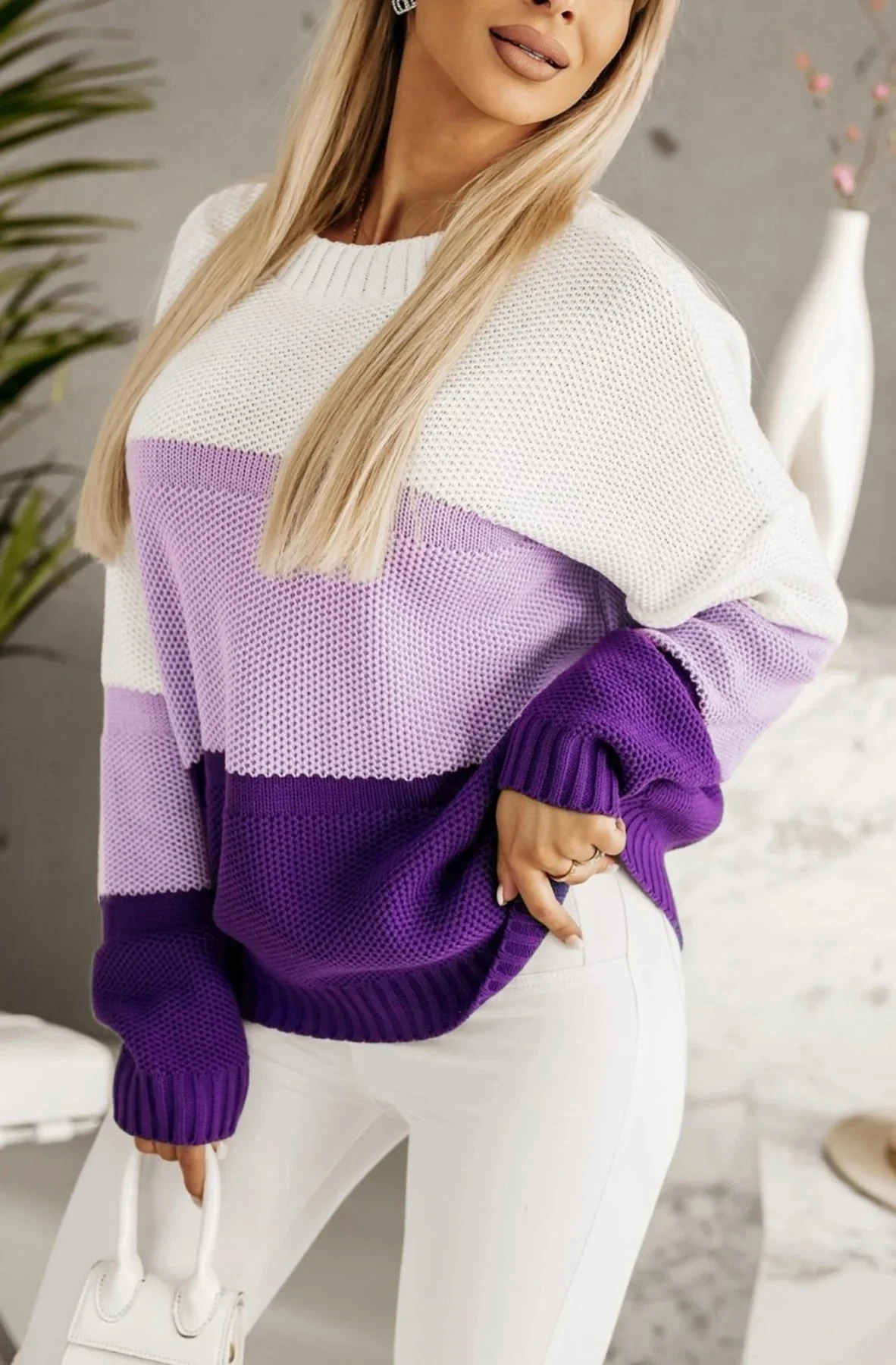 Striped Blockstreifen Grobstrick Rundhals Pullover