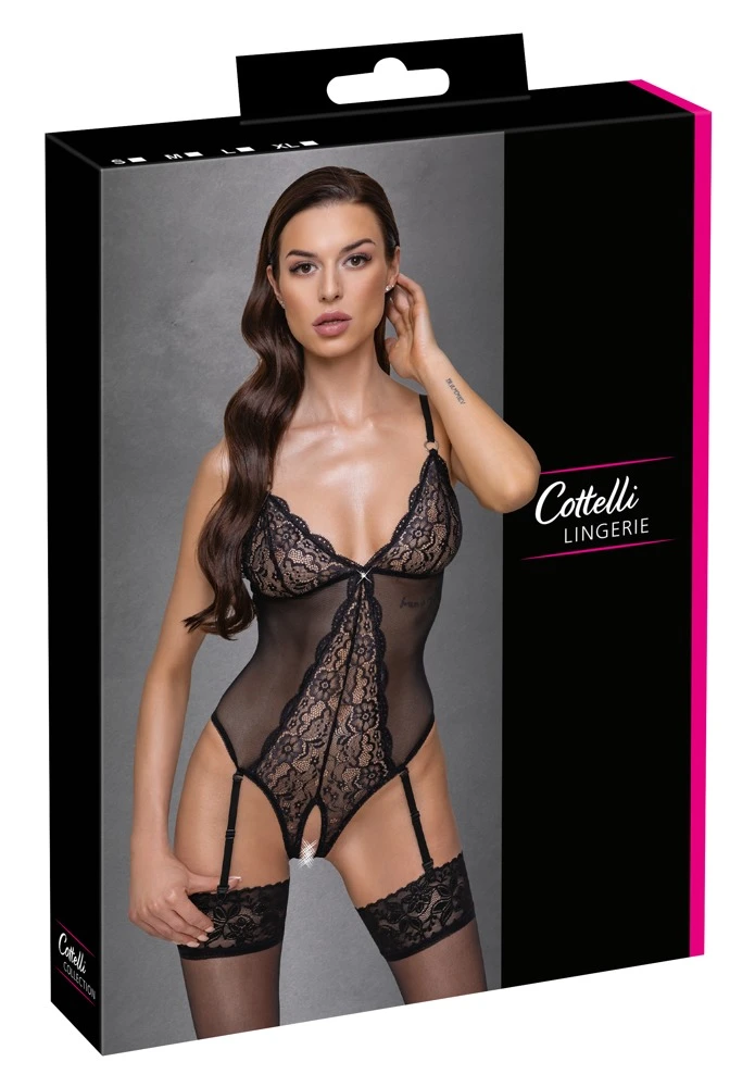 Cottelli LINGERIE Powernet Stringbody mit abnehmbaren Strapsen ouvert im Schritt