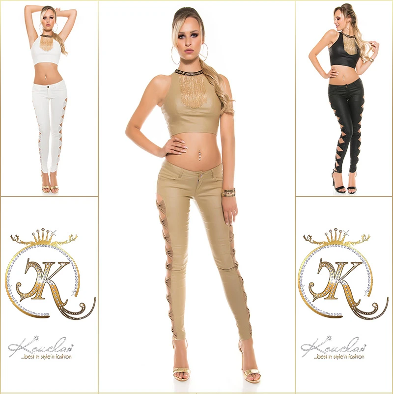 Modische Stretch-Hose im Röhren-Schnitt mit glänzender Kunstleder-Optik und Cutouts mit Schleifen-Effek