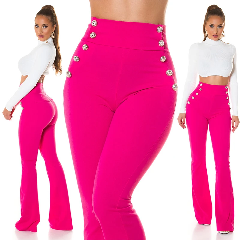 Stoff Business High Waist Schlag Hose mit Deko Knöpfe Stoff Business High Waist Schlag Hose mit Deko Knöpfe