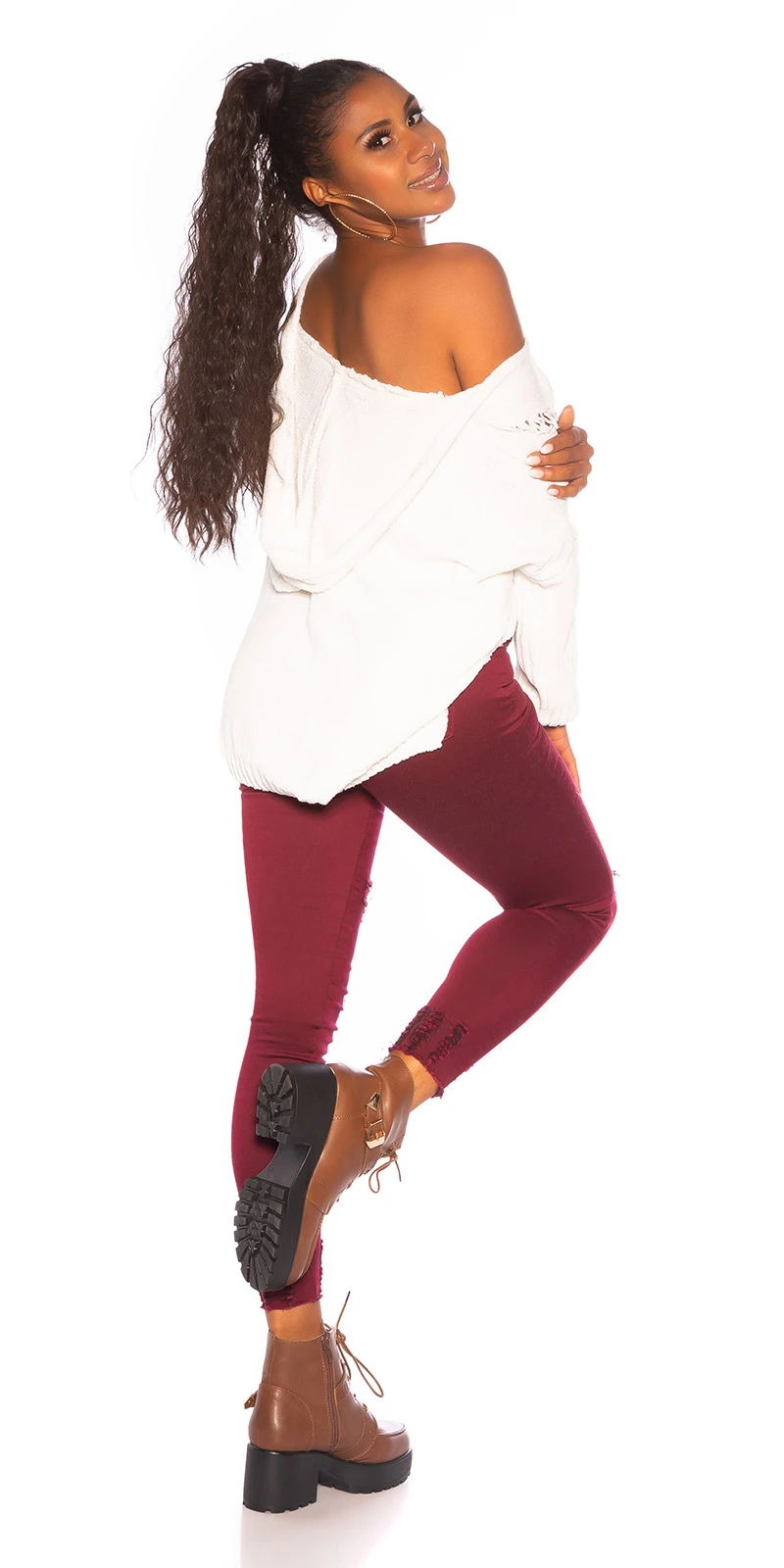 Used Look Crop Grobstrick Vokuhila Pullover mit Kapuze