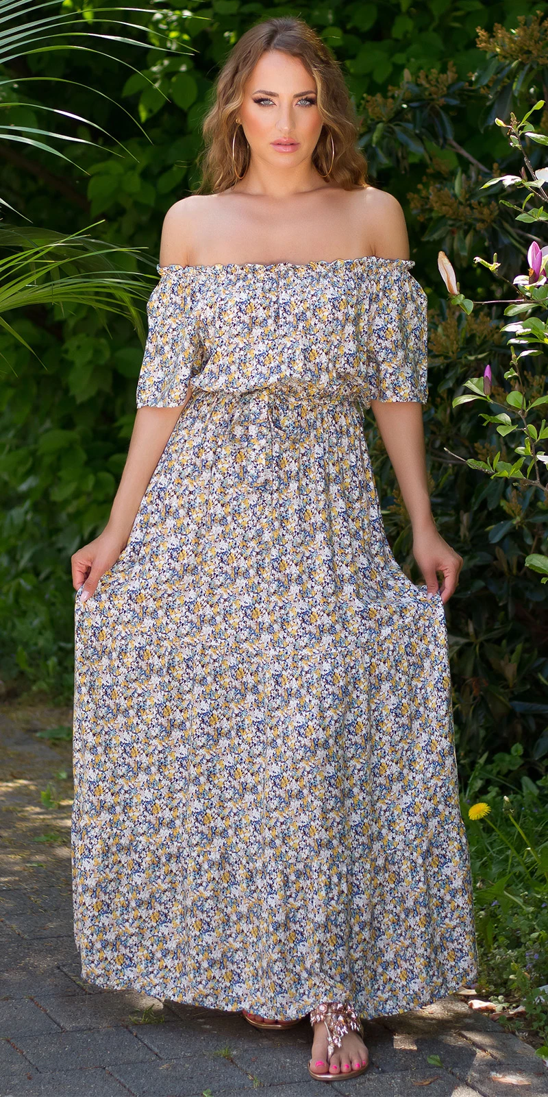 Off Shoulder Flower Printed Maxi Kurzarm Kleid mit Gürtel Off Shoulder Flower Printed Maxi Kurzarm Kleid mit Gürtel