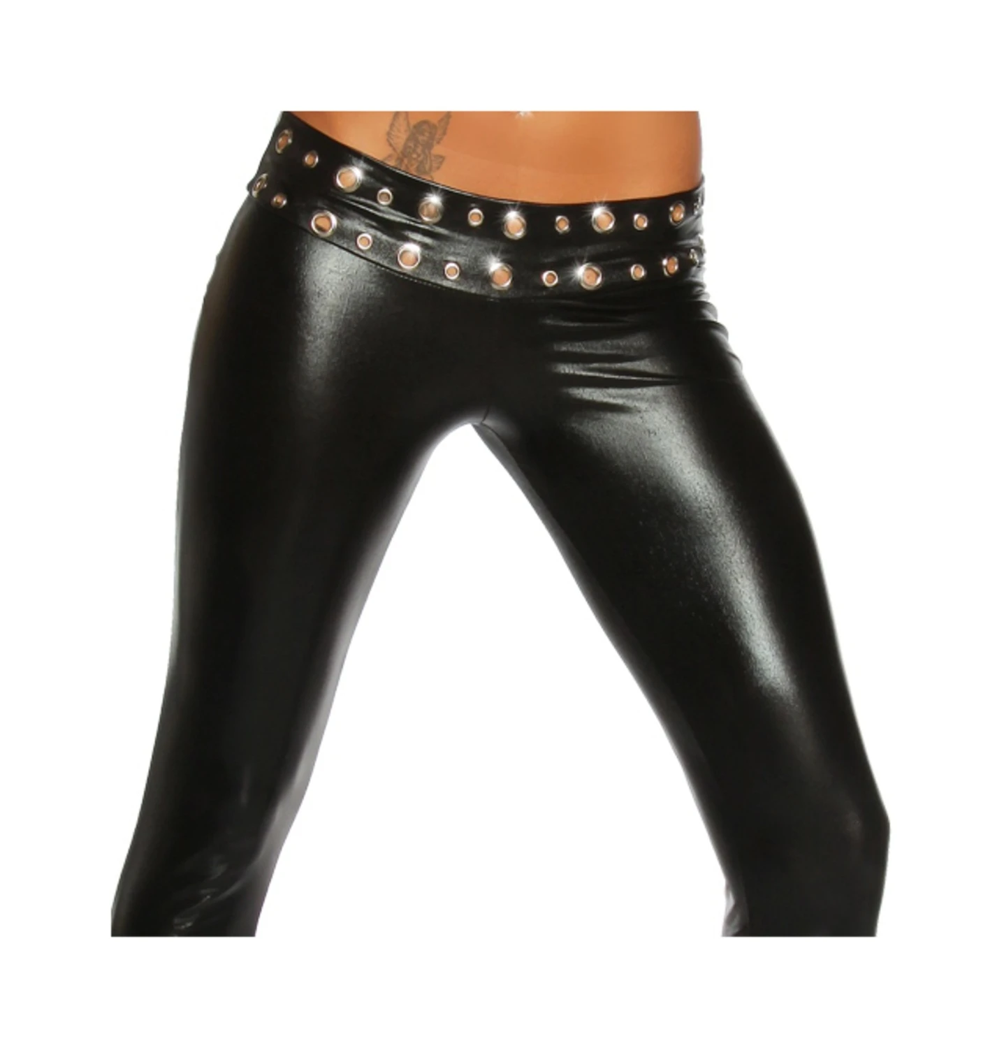 Wetlook-Leggings mit auffälligem Bund und Zierösen, seitlichen Reißverschlüssen an den Beinenden und hochwertiger Saresia Qualität Wetlook-Leggings mit auffälligem Bund und Zierösen, seitlichen Reißverschlüssen an den Beinenden und hochwertiger Saresia Qualität