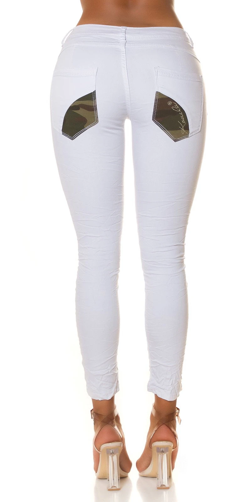 Low Cut Stretchjeans Skinny Jeans Röhrenjeans Hose mit Deko Knöpfe Knopfleiste und Camouflage Akzent Low Cut Stretchjeans Skinny Jeans Röhrenjeans Hose mit Deko Knöpfe Knopfleiste und Camouflage Akzent