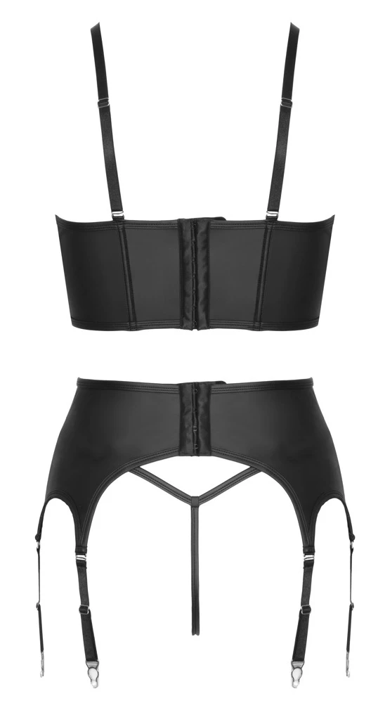 3-teiliges Straps-Set im schwarzen Mattlook von Cottelli PARTY mit Corsagen-Top, Strapsgürtel, String und funkelnden Glitzer-Reißverschlüssen
