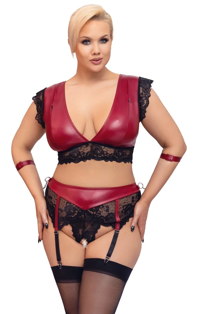 Cottelli Bralette und Highwaist-String mit Strapsen und Armfesseln im edlen Mattlook mit feiner Spitze