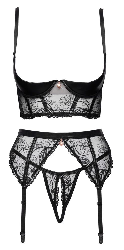 Cottelli LINGERIE 3-teiliges Ouvert Straps-Set Wetlook Hebe BH Strapsgürtel String Pailletten Herz-Schmuck Schwarz