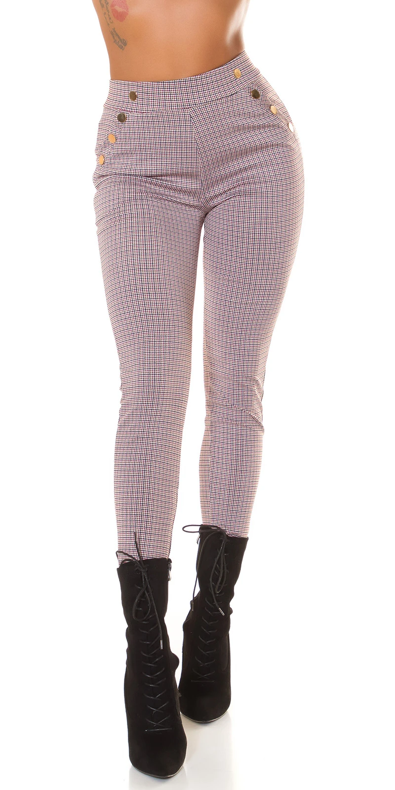 Karo Printed Skinny High Waist Leggings Hose mit Deko Knöpfe Karo Printed Skinny High Waist Leggings Hose mit Deko Knöpfe