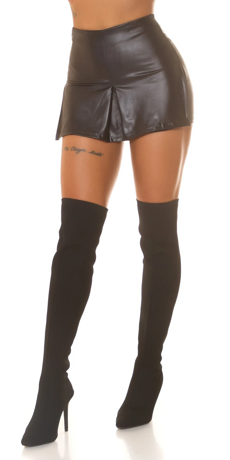 Damen Highwaist Leder Look Kunstleder Hotpants Shorts mit Minirock Skort Damen Highwaist Leder Look Kunstleder Hotpants Shorts mit Minirock Skort