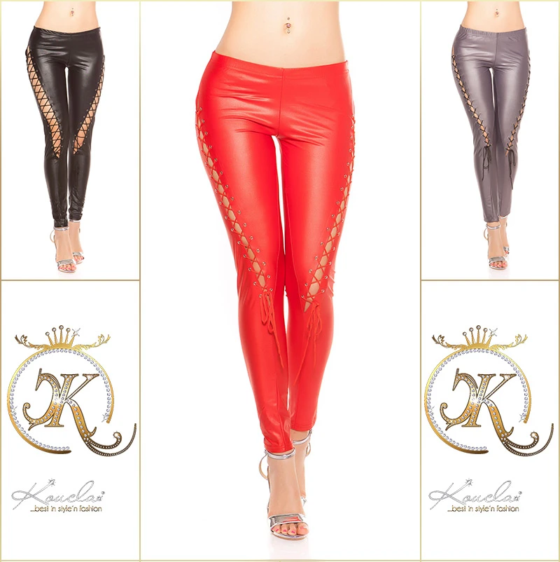 Glossy Party-Leggings mit asymmetrischer Corsagen-Schnürung