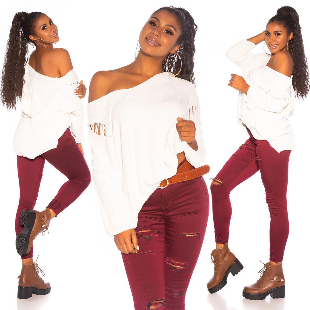 Used Look Crop Grobstrick Vokuhila Pullover mit Kapuze