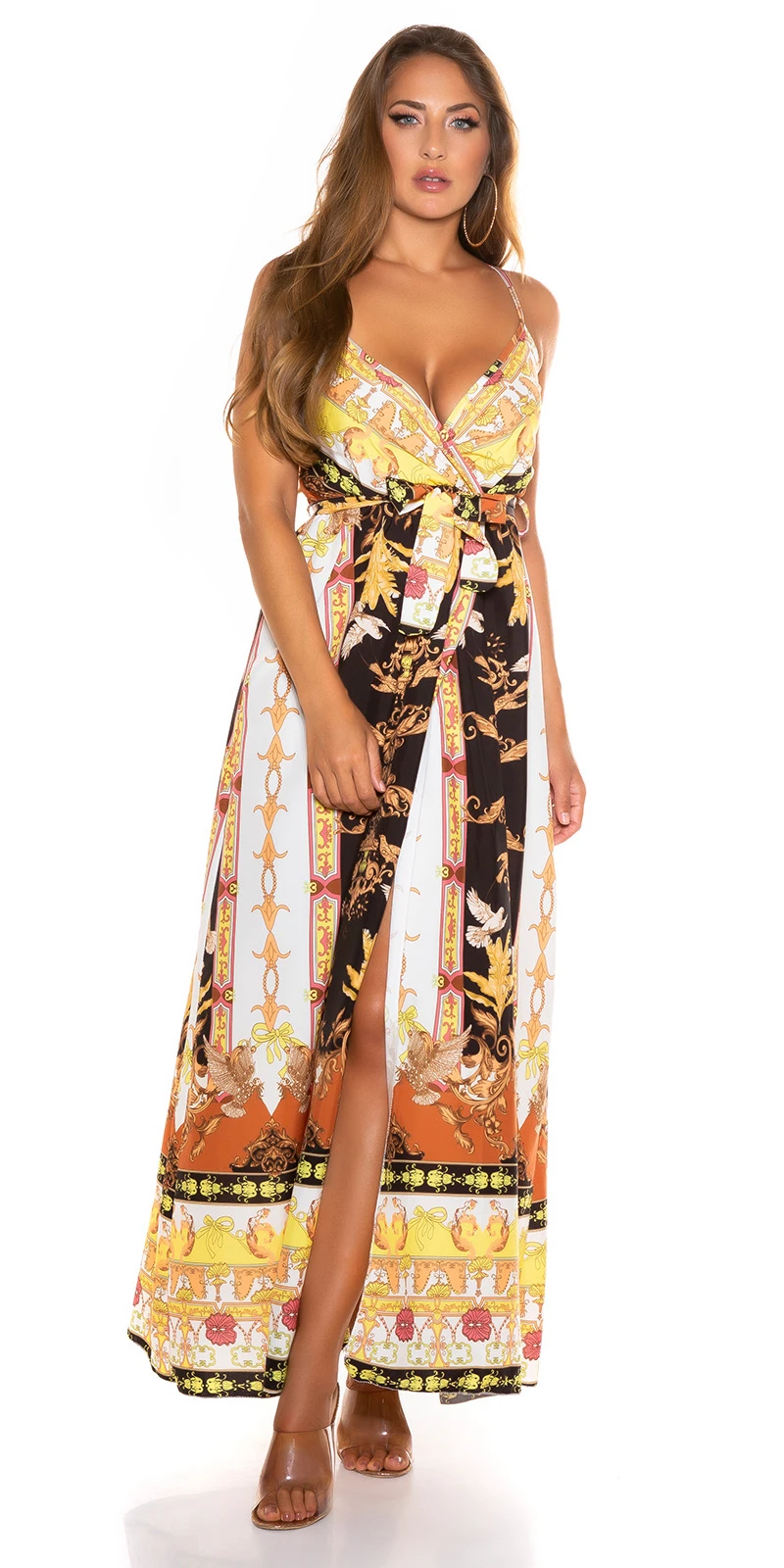 Luxury Seiden Look Maxi Träger Kleid mit Beinschlitz und Gürtel Luxury Seiden Look Maxi Träger Kleid mit Beinschlitz und Gürtel