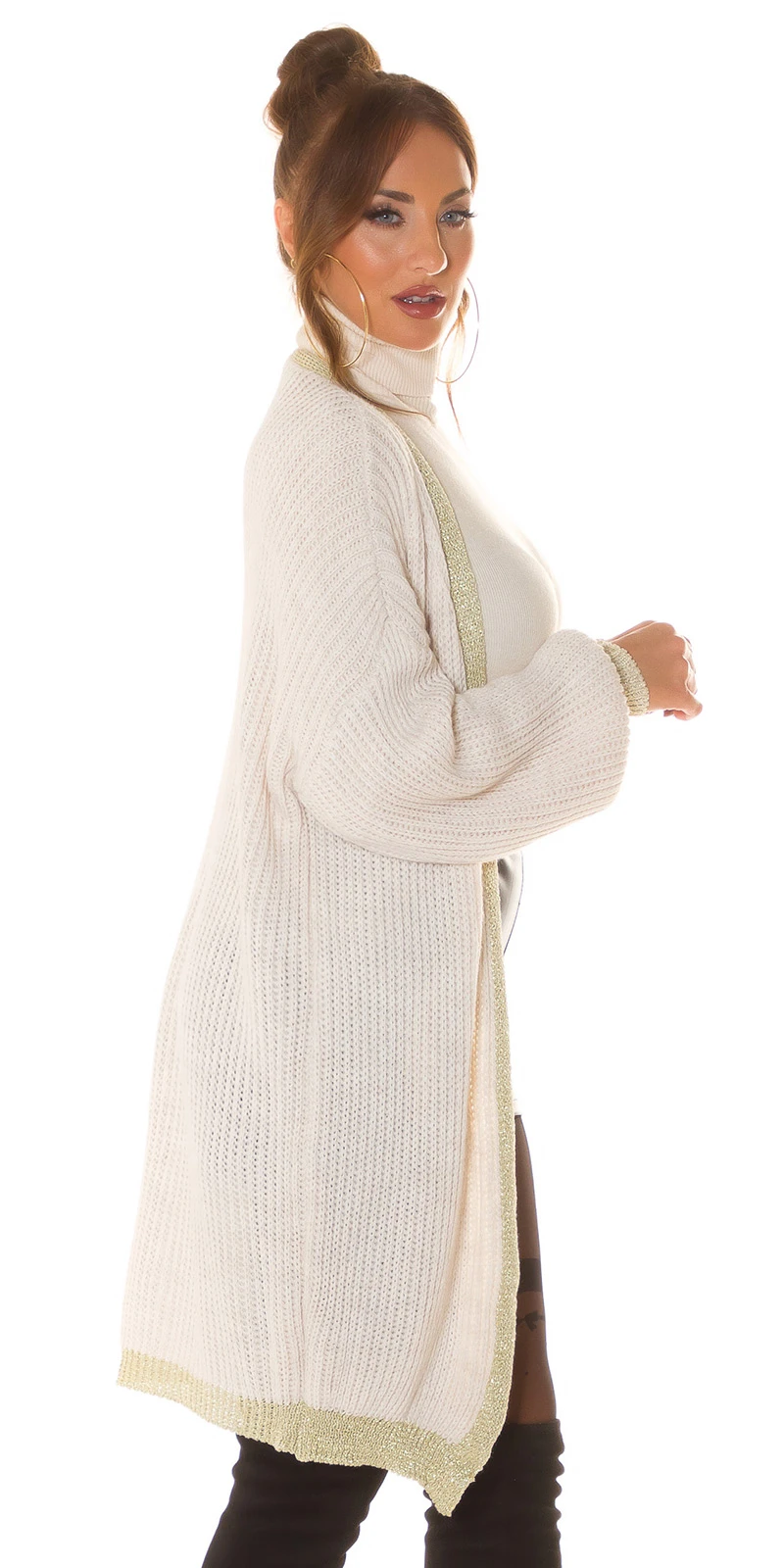 Chic Oversize Strick Long Cardigan mit Glamour-Borte Chic Oversize Strick Long Cardigan mit Glamour-Borte