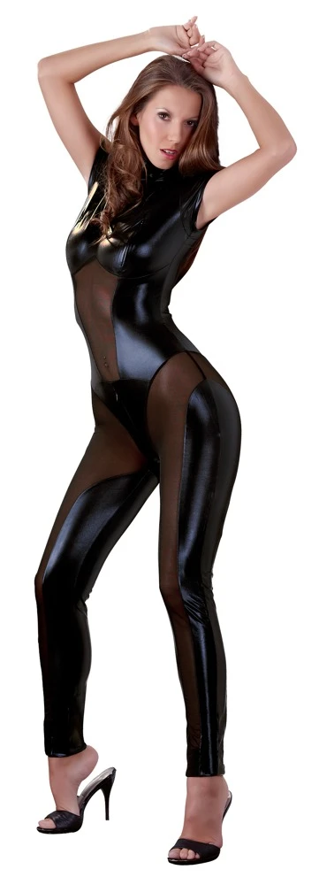 Cottelli PARTY Overall schwarz Ouverte Einblicke Wetlook mit Powernet-Einsätzen